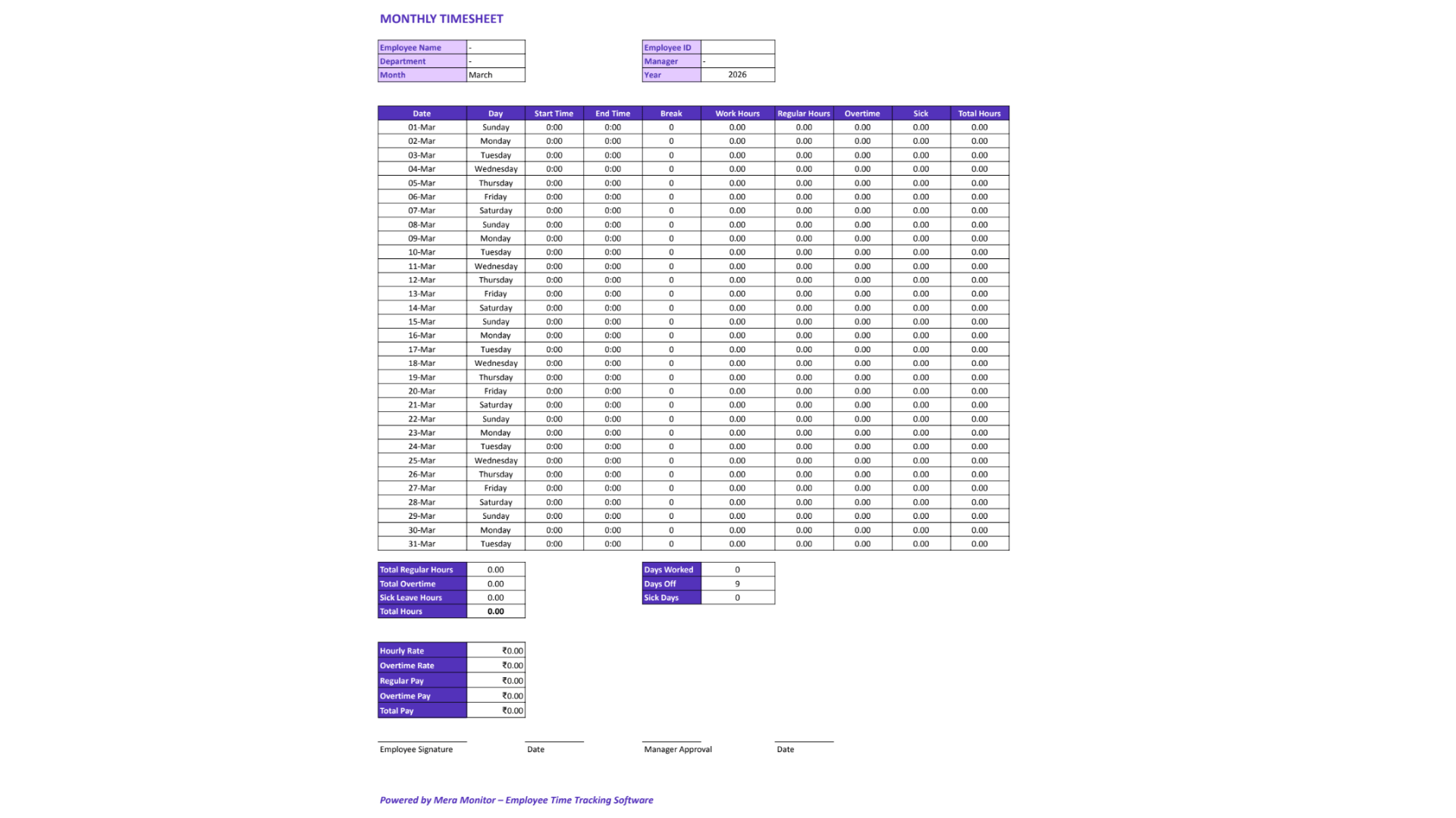 Monthly Timesheet Template Monthly Timesheet Template